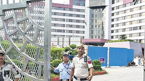Security outside the Delhi Secretariat in New Delhi on Tuesday.