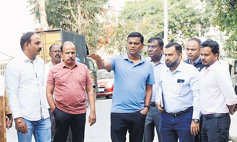 Central Commissioner Rajendra Cholan and officials during the inspection in Shivajinagar on Wednesday