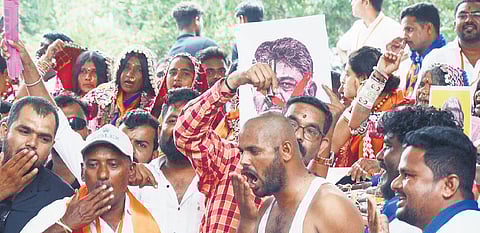 All India Banjara Seva Sangh members stage a protest demanding 5% reservation at Freedom Park in Bengaluru on Wednesday.