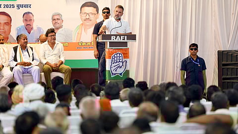 In this image received on Sept. 10, 2025, Leader of Opposition in the Lok Sabha and Congress leader Rahul Gandhi addresses the booth workers of Harchandpur Assembly constituency of Rae Bareli district.