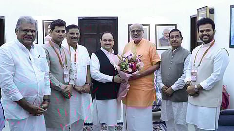 Maharashtra Governor and Vice President-elect C P Radhakrishnan being congratulated by Union Ministers JP Nadda, Pralhad Joshi and Rammohan Naidu Kinjarapu and others after the former was elected the 15th Vice President of India on Tuesday, bagging 452 votes against Opposition nominee and former Supreme Court judge B Sudershan Reddys 300 votes, in New Delhi.