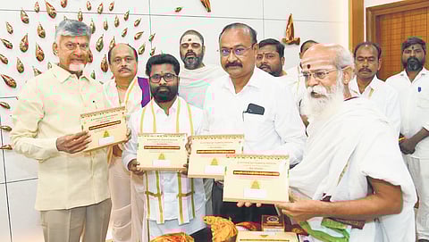 Durga temple EO VK Seena Naik, Endowments Commissioner Ramachandra Mohan and priests invited CM Nara Chandrababu Naidu to Dasara festivities.