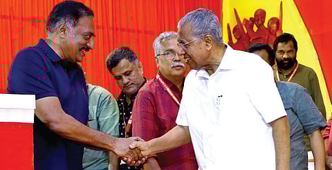 Chief Minister Pinarayi Vijayan greeting actor Prakash Raj who came to attend a seminar organised as part of the CPI state conference in Alappuzha on Wednesday.