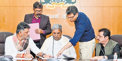 Chief Minister Siddaramaiah and DCM DK Shivakumar during a meeting with city legislators at Vidhana Soudha on Wednesday.