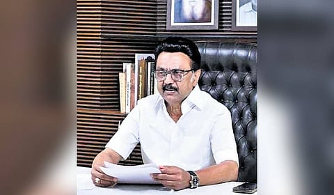 CM MK Stalin chairing a meeting with district secretaries on Tuesday.