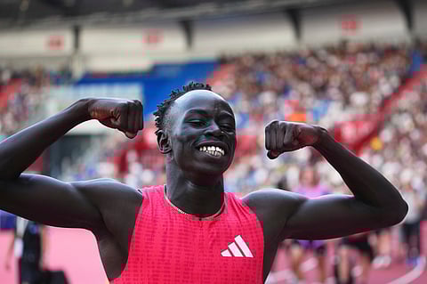 Gout Gout of Australia, celebrates after winning the men 200 meters during the Ostrava Golden Spike athletics meet in Ostrava, Czech Republic, on June 24, 2025.