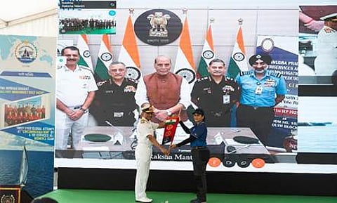 Lieutenant Colonel Anuja Varudkar at the flag-off as 10 women officers from the tri-services set out on Thursday for a historic sailing expedition around the Indian Ocean.