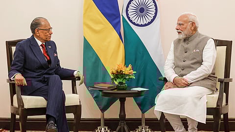 In this image received on Sept. 11, 2025, Prime Minister Narendra Modi with his Mauritius counterpart Navinchandra Ramgoolam during a bilateral meeting, in Varanasi.