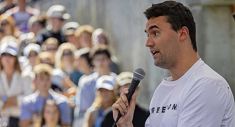 Charlie Kirk speaks before he is shot during Turning Point's visit to Utah Valley University in Orem, Utah, Wednesday, Sept. 10, 2025.