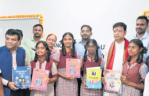 IT and Industries Minister D Sridhar Babu, along with T-Fiber MD P Venu Prasad, at the inauguration of AI Lab in Adavi Srirampur, Peddapalli district.