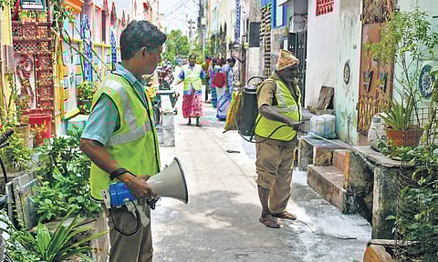 VMC workers take up sanitation works at the New RR Pet area, where an outbreak of diarrhoea panicked the Vijayawada residents on Thursday.