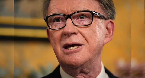 Britain's Ambassador to the United States, Peter Mandelson, speaks during a reception at the ambassador's residence on Feb. 26, 2025 in Washington.