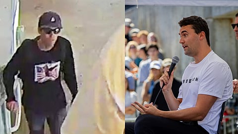 (L) This undated image provided provided by the Federal Bureau of Investigation shows a person of interest in connection with the fatal shooting of Charlie Kirk; (R) Charlie Kirk speaks before he is shot during Turning Point's visit to Utah Valley University in Orem, Utah, Wednesday, Sept. 10, 2025.