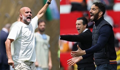 City boss Pep Guardiola (L) and United manager Ruben Amorim are both under intense pressure just three games into the season while champions Liverpool boast the top division's only 100 percent record.