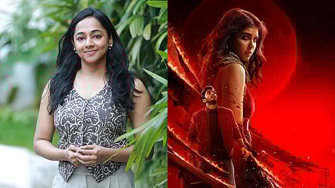 Santhy Balachandran (L), Poster of Kalyani Priyadarshan's Lokah Chapter 1: Chandra (R)