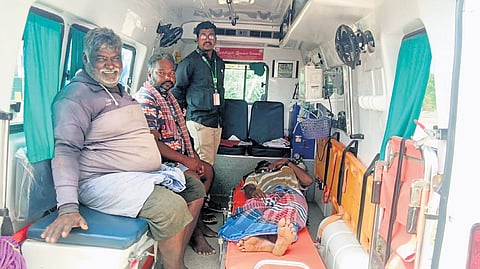 The fishermen from Seruthur who were injured in attack being taken to Nagapattinam hospital in an ambulance on Friday