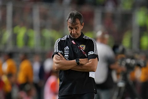 Venezuela's coach Fernando Batista gestures during a World Cup 2026 qualifying soccer match against Colombia in Maturin, Venezuela, Tuesday, Sept. 9, 2025.