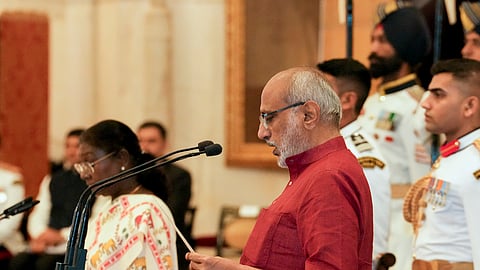 President Droupadi Murmu administers the oath of office of the Vice-President of India to CP Radhakrishnan during a swearing-in ceremony, at Rashtrapati Bhavan, in New Delhi, Friday, Sept. 12, 2025