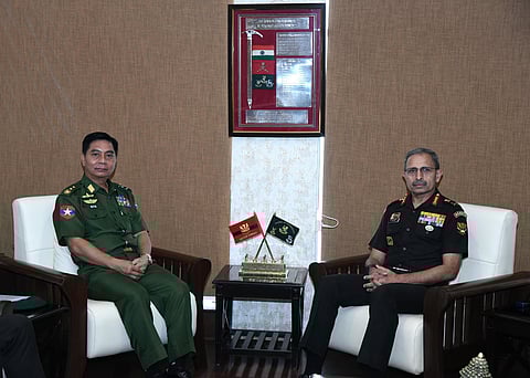Lt Gen Ko Ko Oo of the Myanmar Army with Lt Gen Ram Chander Tiwari, General Officer Commanding-in-Chief, Eastern Command (Photo | Special arrangement)
