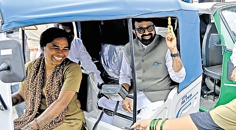 MLA and BDA Chairman NA Haris takes a ride during the launch of an auto driving training programme at MG Road on Saturday.
