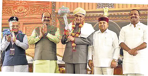 Lok Sabha Speaker Om Birla with Governor Thawarchand Gehlot, Council Chairman Basavaraj Horatti, Assembly Speaker UT Khader during the valedictory of 11th CPA India Region Conference, in Bengaluru on Saturday.