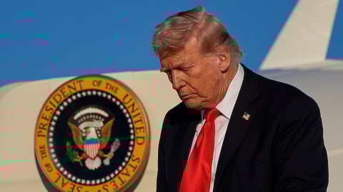 President Donald Trump arrives on Air Force One at LaGuardia Airport, Thursday, Sept. 11, 2025, in New York.