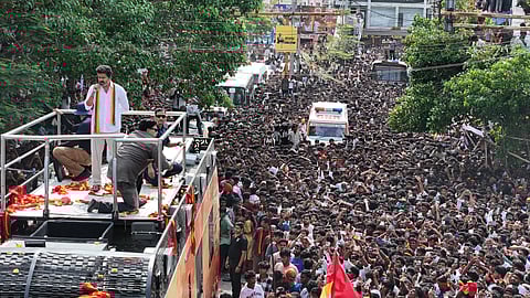 TVK president Vijay addressing his supporters in Tiruchy during the first rally of his maiden state-wide political tour.