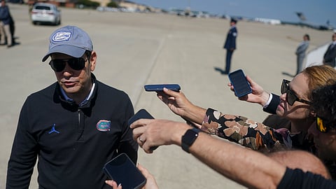 Secretary of State Marco Rubio speaks with members of the media before departing for Israel at Joint Base Andrews, Md., Saturday, Sept. 13, 2025.