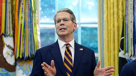Treasury Secretary Scott Bessent speaks in the Oval Office of the White House, Friday, Sept. 5, 2025, in Washington, during an event with President Donald Trump.