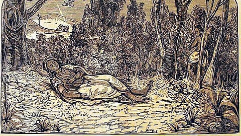 One of the illustrations from the Barddhaman edition of Mahabharata depicting the death of Lord Krishna