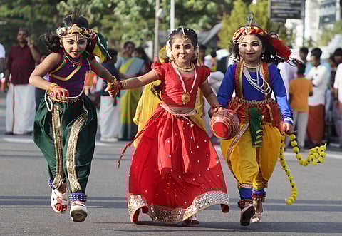 Children dressed as little Krishnas and Radha add color and cheer to the Shobhayatra organized by Balagokulam at Palayam in Thiruvananthapuram on Sunday as part of Sri Krishna Jayanti celebrations.