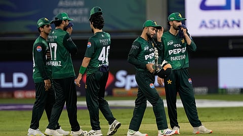 Pakistan players react after their loss in the Asia Cup cricket match against India at Dubai International Cricket Stadium in Dubai, United Arab Emirates, Sunday, Sept. 14, 2025.
