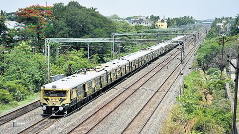 A suburban train heading towards Tambaram and Chengalpattu
