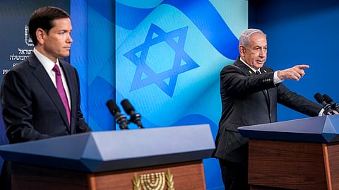 US Secretary of State Marco Rubio (L) looks on as Israel's Prime Minister Benjamin Netanyahu (R) takes a question during a joint press conference at the Prime Minister's Office in Jerusalem on September 15, 2025.
