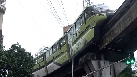 A monorail train tilted during a test run at Wadala depot.