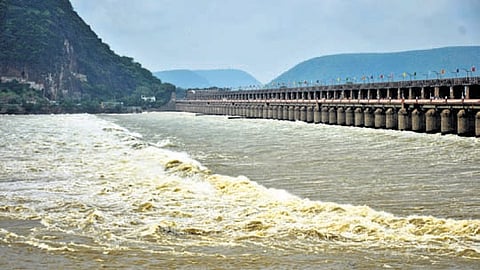 Surplus water released downstream of Prakasam Barrage in Vijayawada with excess inflows to the reservoir on Monday.