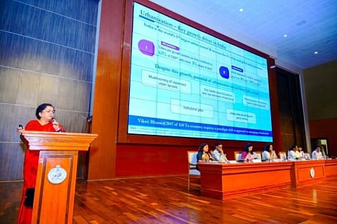 Principal economic advisor at NITI Aayog Anna Roy speaking at the stakeholders consultation meet on Tuesday.