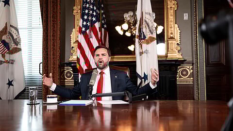 US Vice President JD Vance hosts an episode of "The Charlie Kirk Show" at the White House, following the assassination of the show's namesake, Monday, Sept. 15, 2025, in Washington.