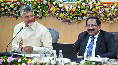 CM Nara Chandrababu Naidu and CS K Vijayanand during the Collectors Conference at Secretariat in Velagapudi on Monday.