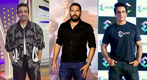 (L-R) Former Indian cricketers Robin Uthappa and Yuvraj Singh and actor Sonu Sood.