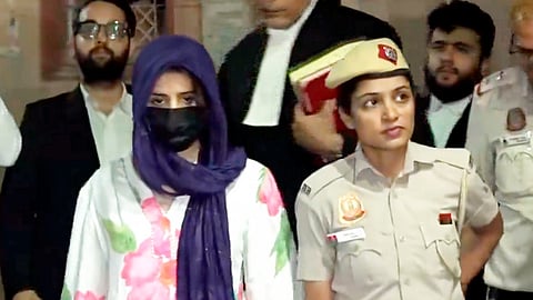 Gaganpreet Kaur, accused in BMW accident case, being brought to judge's residence, in New Delhi, Monday, Sept. 15, 2025. Kaur on Monday remanded to two-day judicial custody.