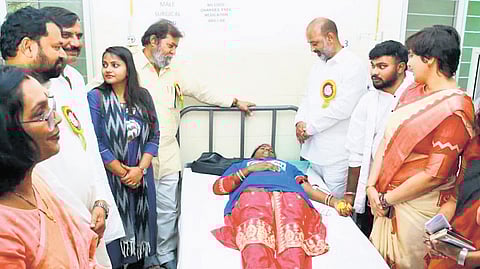 Health Minister Damodar Rajanarasimha and Union minister Bandi Sanjay Kumar at a health centre in Hyderabad during launch of Swasth Nari Sasakht Parivar Abhiyan.
