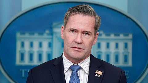 Then White House National Security Adviser Mike Waltz speaks with reporters in the James Brady Press Briefing Room at the White House, on Feb. 20, 2025, in Washington.