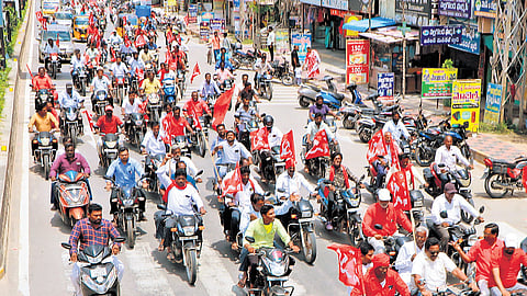 Members of CPI(M) take part in a bike rally as part of the closing ceremony of the Telangana Peasants’ Armed Struggle anniversary celebrations in Nalgonda.