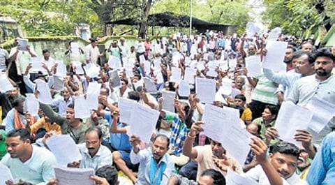 Farmers staging protest in Bargarh district on Tuesday.