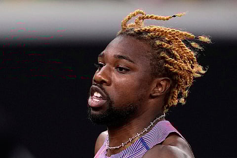 United States' Noah Lyles competes in a men's 100 meters heat at the World Athletics Championships in Tokyo, Saturday, Sept. 13, 2025.