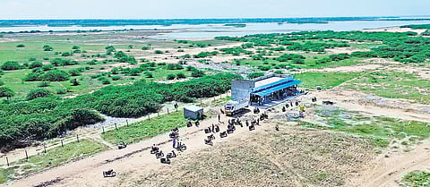 Aerial view of the Tasmac outlet inside Pulicat bird sanctuary.