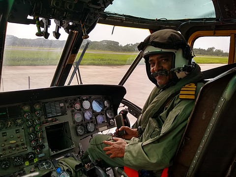 Captain Rajkumar (retd) in the cockpit of a Sea King during his service days
