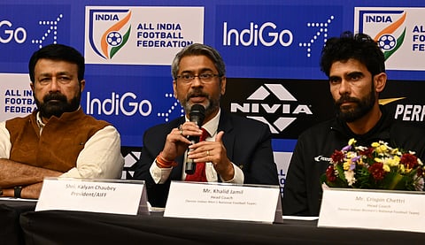 (from left) AIFF vice president NA Haris, AIFF president Kalyan Chaubey and men's team head coach Khalid Jamil during a press meet in Bengaluru on Friday