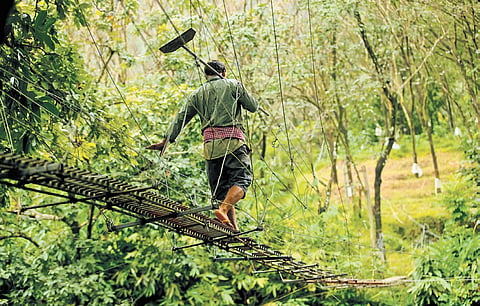 A farmer crosses the hanging bridge made of iron and steel straps across the Chelakkadu River in Malayinchi